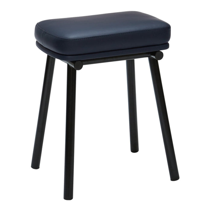 Navy blue cushioned stool with sleek black legs, featuring a smooth, minimalistic design.