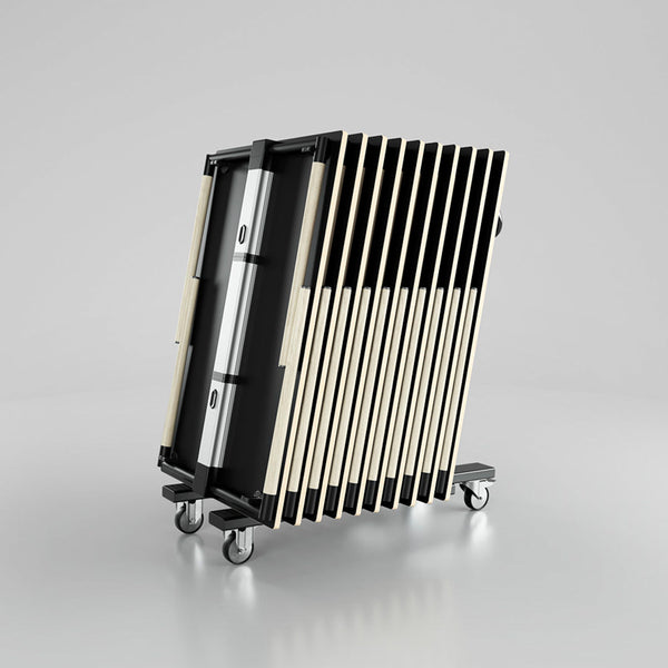 Black and natural wood folding cart with sleek metal accents, featuring a modern striped pattern. Portable with wheels.