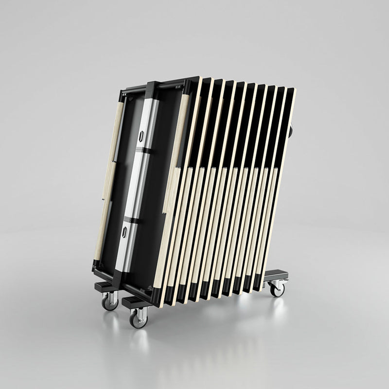 Black and natural wood folding cart with sleek metal accents, featuring a modern striped pattern. Portable with wheels.