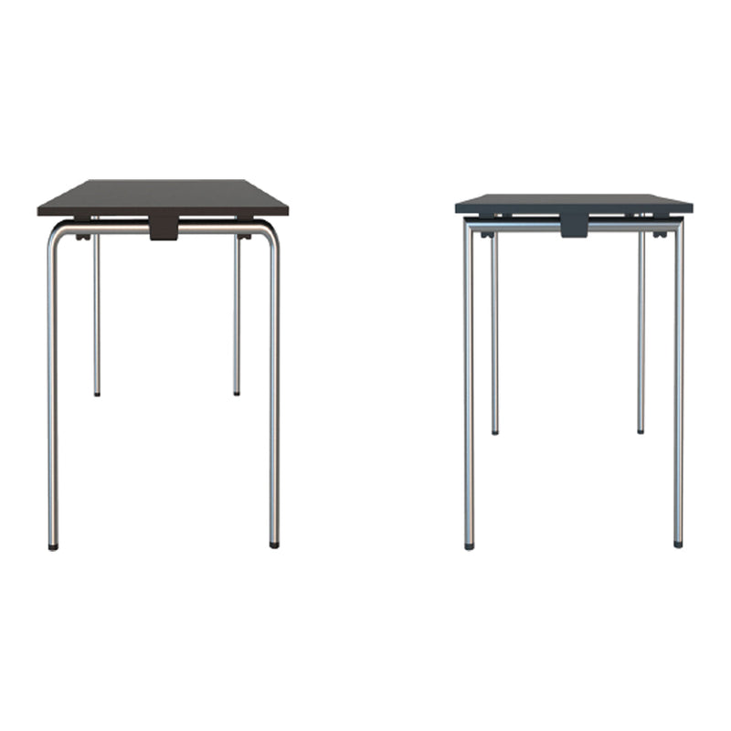 Modern black and gray folding table with sleek metallic legs and minimalistic design. Versatile for any space.