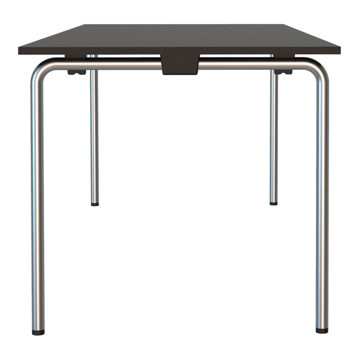 Black tabletop with sleek silver metal legs, featuring a modern, minimalist design and smooth surfaces.