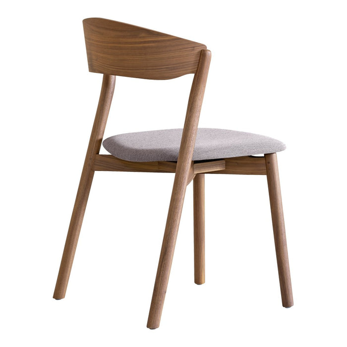 Stylish wooden chair with a warm walnut finish and a light gray upholstered seat. Elegant minimalistic design.