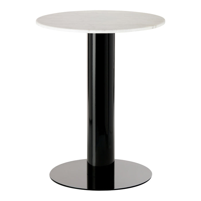 Round bar table with a white marble top and a sleek black pedestal base, emphasizing modern elegance.