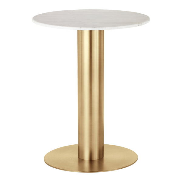 Elegant round table with a smooth white top and a sleek gold base, featuring a minimalist design. Ideal for modern decor.