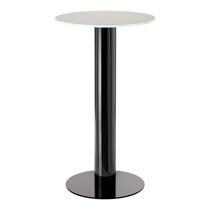 Glossy black base with a sleek black pole and a modern white round tabletop. Perfect for contemporary spaces.