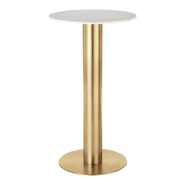 Modern round table with a sleek white top and a shiny gold metallic base. Elegant and minimalistic design.