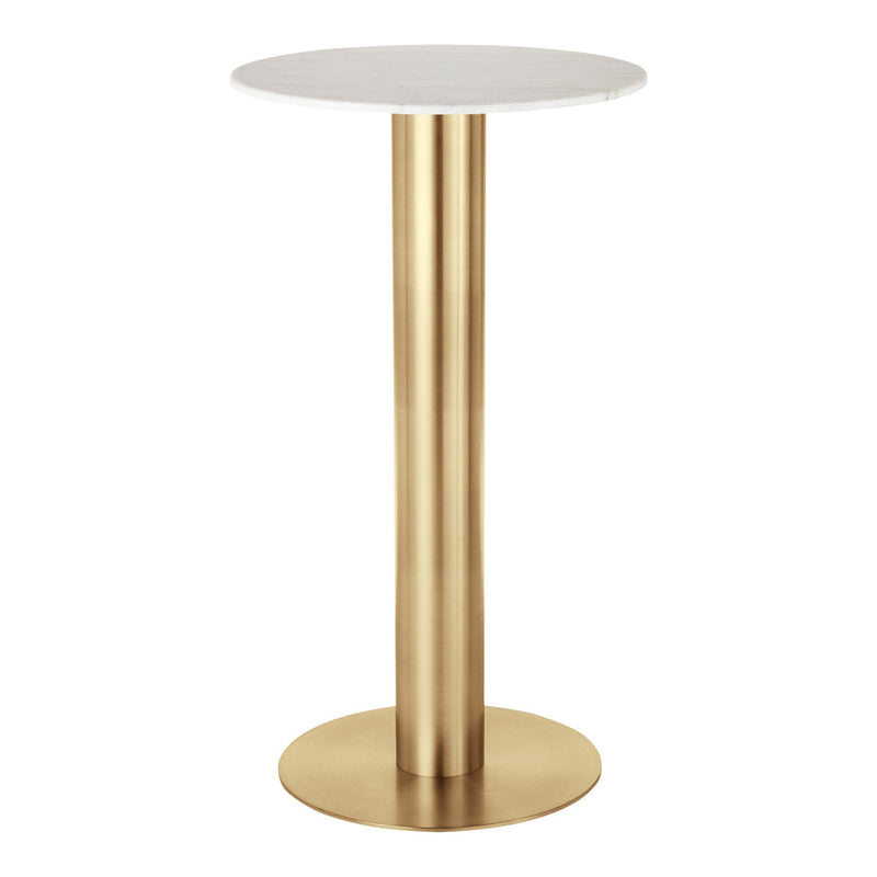 Modern round table with a sleek white top and a shiny gold metallic base. Elegant and minimalistic design.
