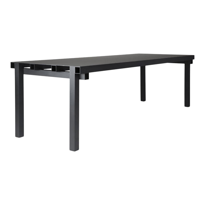 Sleek black rectangular table with a minimalist design and clean lines, perfect for modern decor.