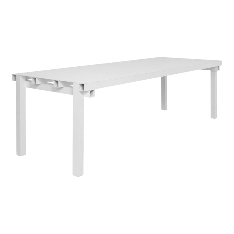 White rectangular dining table with a smooth surface and minimalist design. Perfect for modern decor.