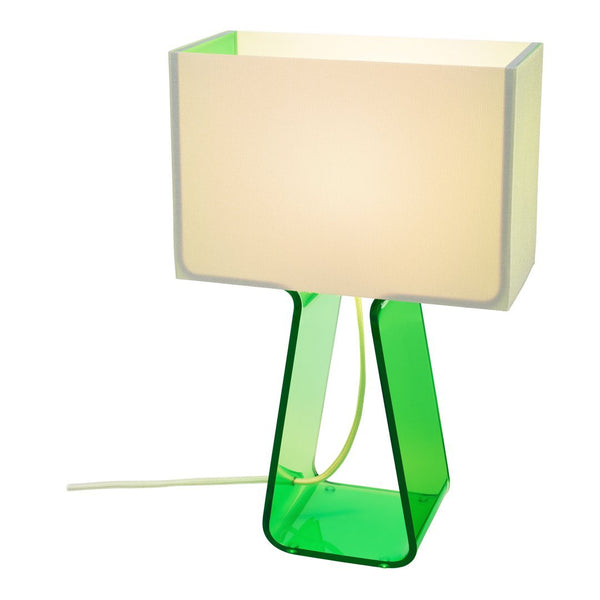Green geometric lamp base with a white rectangular shade, creating a vibrant and modern design.