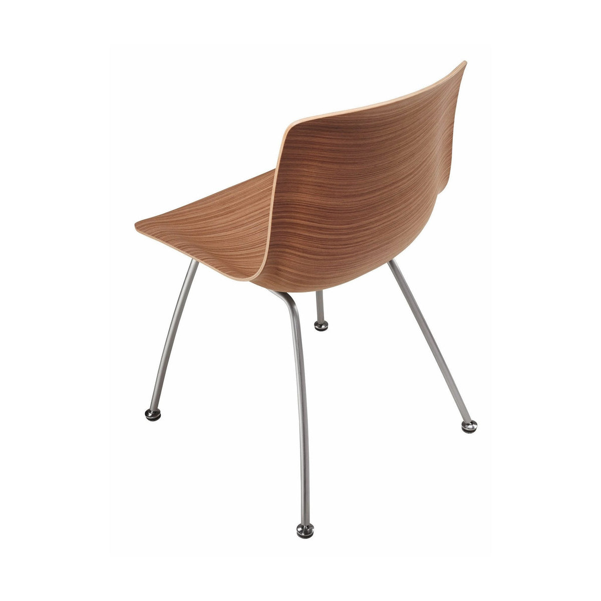 Brown wooden chair with a sleek ribbed pattern, complemented by silver metal legs. Modern and minimalist design.