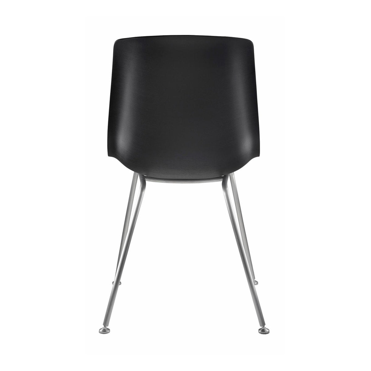 Black modern chair with sleek lines and silver metal legs, perfect for contemporary decor.