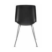 Black modern chair with sleek lines and silver metal legs, perfect for contemporary decor.
