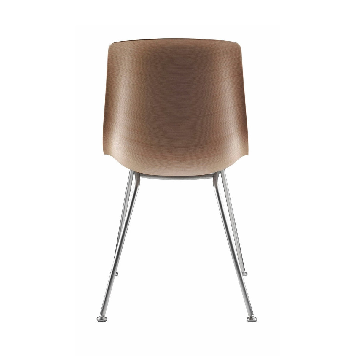 Brown wood-patterned chair with sleek chrome legs, featuring a modern and minimalist design.