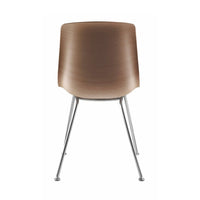 Brown wood-patterned chair with sleek chrome legs, featuring a modern and minimalist design.