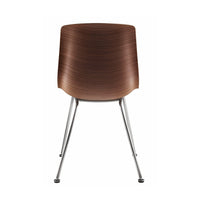 Brown wooden chair with a sleek, curved back design and silver metal legs. Modern and stylish aesthetic.