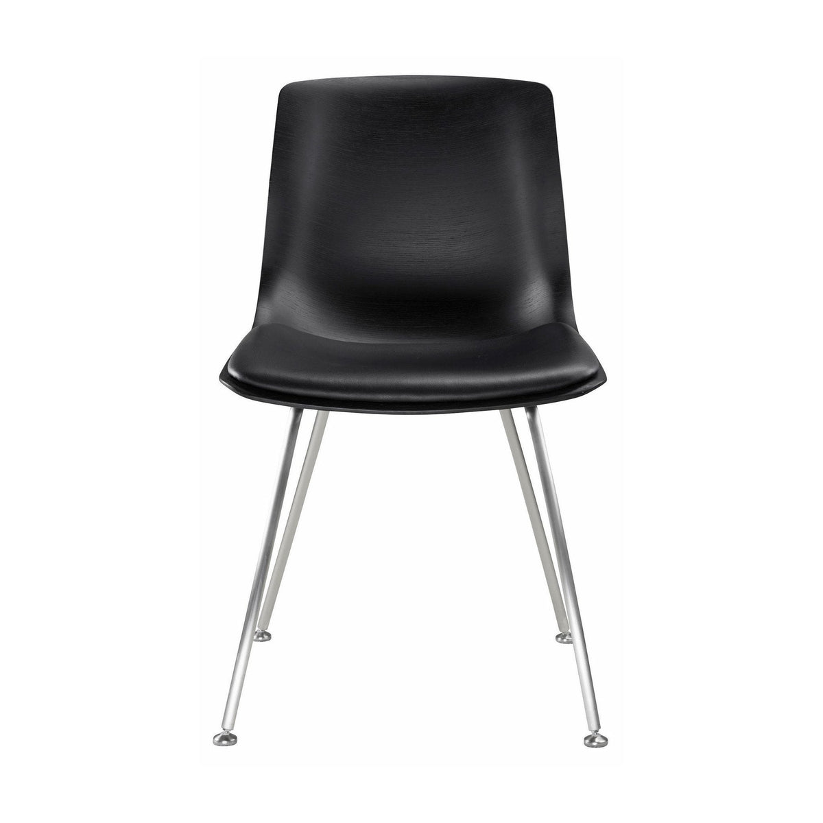 Black molded chair with sleek silver legs, showcasing a minimalist and modern design. Ideal for contemporary spaces.