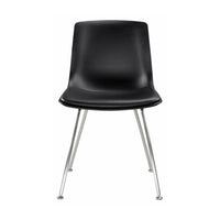Black molded chair with sleek silver legs, showcasing a minimalist and modern design. Ideal for contemporary spaces.