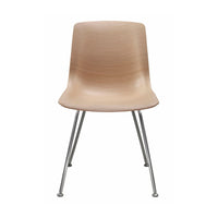 Light wood chair with a smooth finish and sleek silver legs, showcasing a minimalist design and neutral tones.