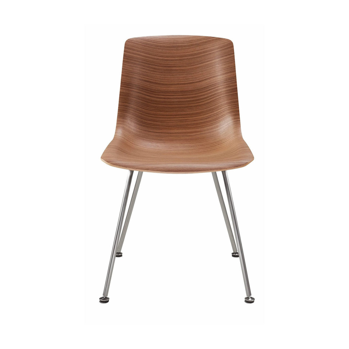 Brown molded chair with subtle wood grain pattern and sleek silver legs. Perfect for modern minimalistic decor.