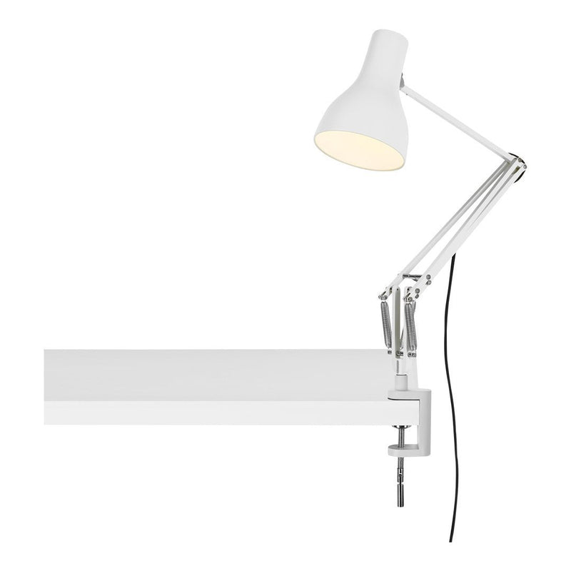 White adjustable desk lamp with sleek design and metallic accents, featuring a smooth, minimalist finish.