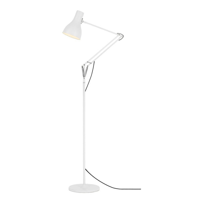 White adjustable floor lamp with a sleek modern design and silver accents, perfect for any minimalist decor.