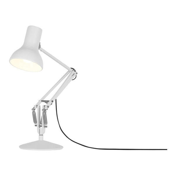 White adjustable desk lamp with a sleek design, featuring a minimalist white shade and a contrasting black cord.