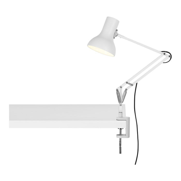 White adjustable desk lamp with sleek design and minimalist aesthetic, featuring a simple clamp base.