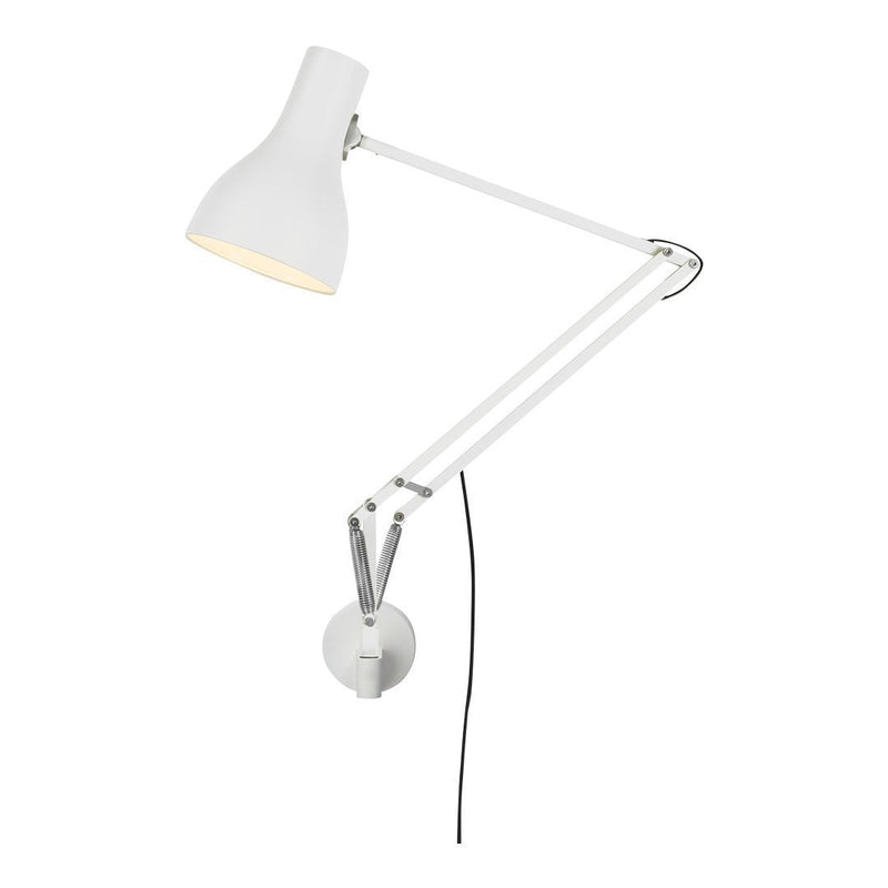 White wall-mounted lamp with a sleek, modern design and clean lines. Features a polished silver arm.