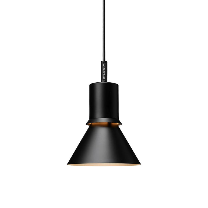 Black pendant lamp with a sleek conical design and gold accent lighting. Modern, minimalistic style.