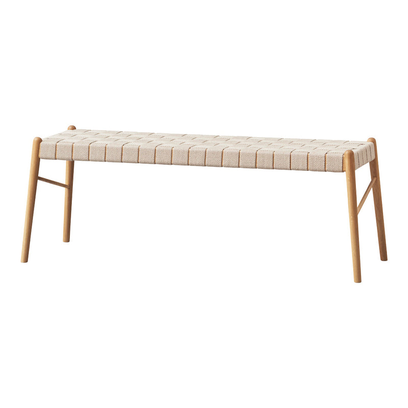 Natural wood bench with a cream-colored woven seat and minimalist design. Perfect for modern decor.