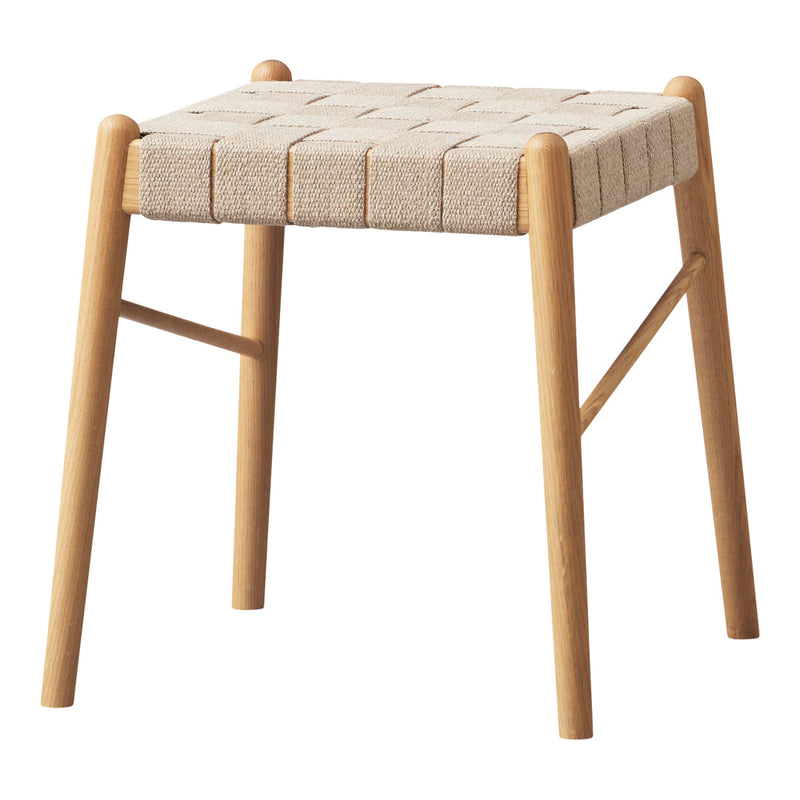Beige woven seat with natural wood legs, featuring a simple, modern design for versatile home decor.