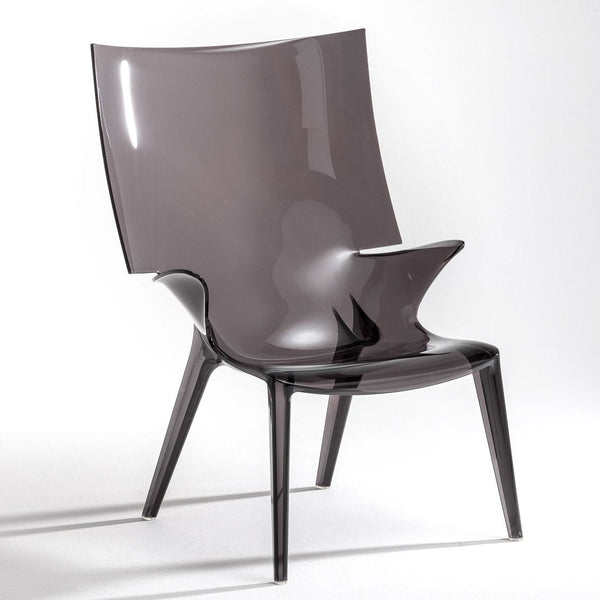 Sleek grey acrylic chair with a glossy finish and modern, minimalist design. Contemporary accent for any space.