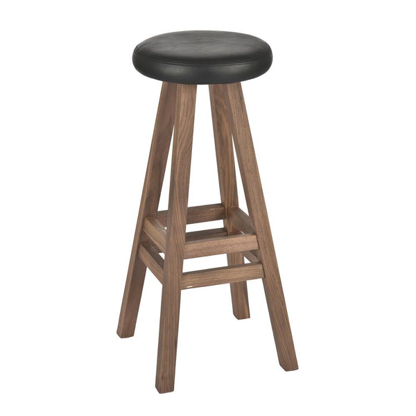 Black padded seat bar stool with a rustic brown wooden frame and simple, modern design.