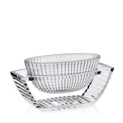 Clear glass bowl with elegant striped pattern and a modern geometric base design. Perfect for any stylish home decor.