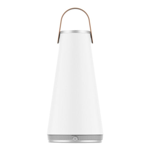 White cone-shaped lamp with wooden handle and silver base, featuring a sleek, modern design perfect for any decor.
