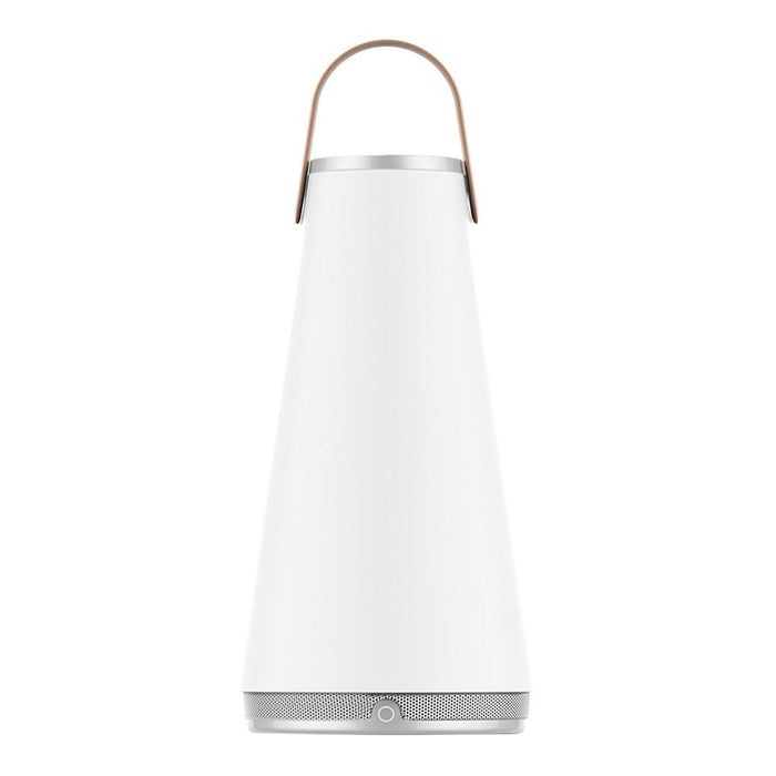 White cone-shaped lamp with wooden handle and silver base, featuring a sleek, modern design perfect for any decor.
