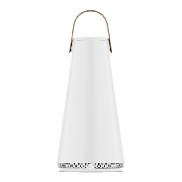 White cone-shaped lantern with a natural leather handle and subtle gray base. Modern design with a minimalist aesthetic.