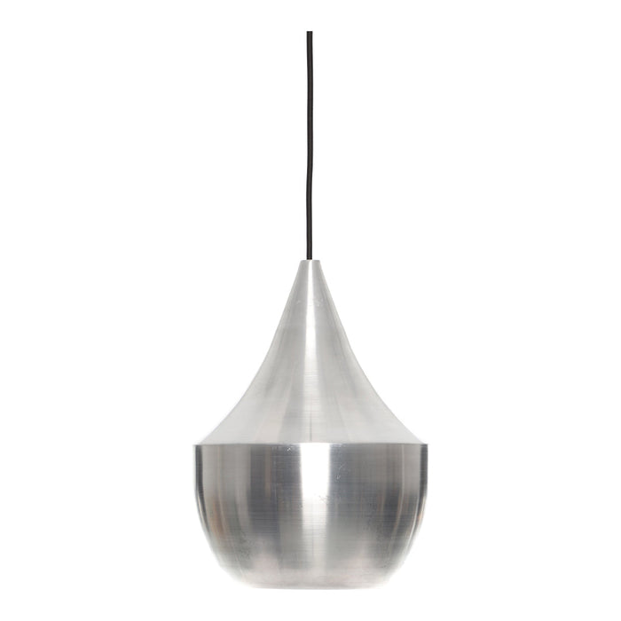 Sleek metallic silver pendant lamp with a modern teardrop shape and minimalistic black cord. Perfect for contemporary decor.