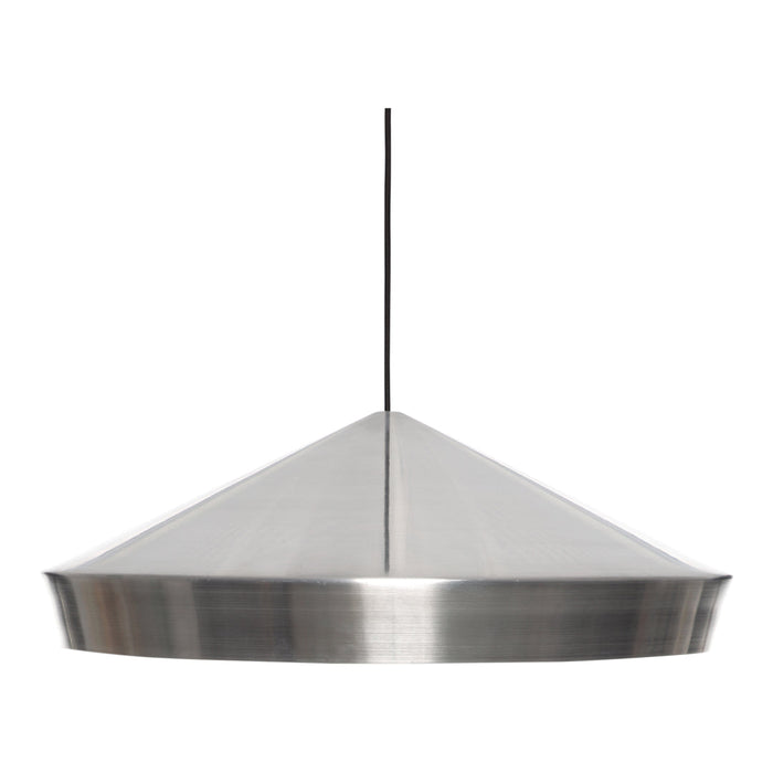 Silver metallic pendant light with a sleek, conical shape and smooth surface. Perfect for modern decor.