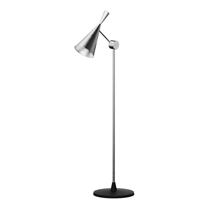 Sleek silver and black floor lamp with a modern cone-shaped shade and adjustable arm for versatile lighting.