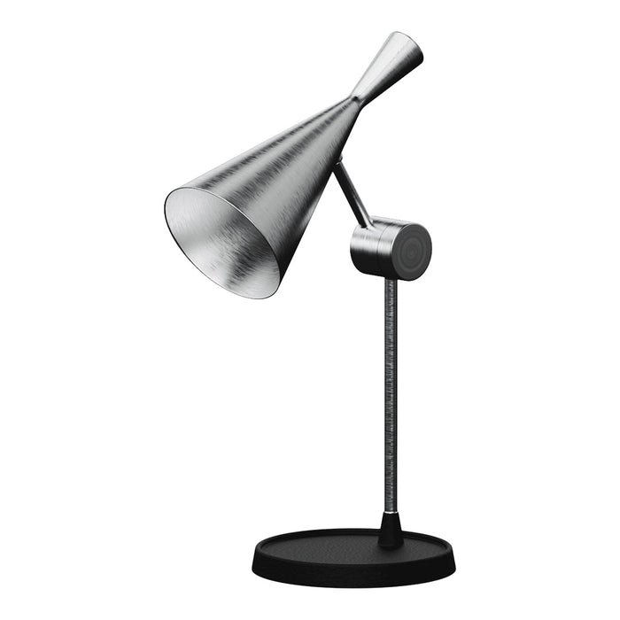 Modern silver desk lamp with a sleek metallic finish and black base, featuring a minimalist design.