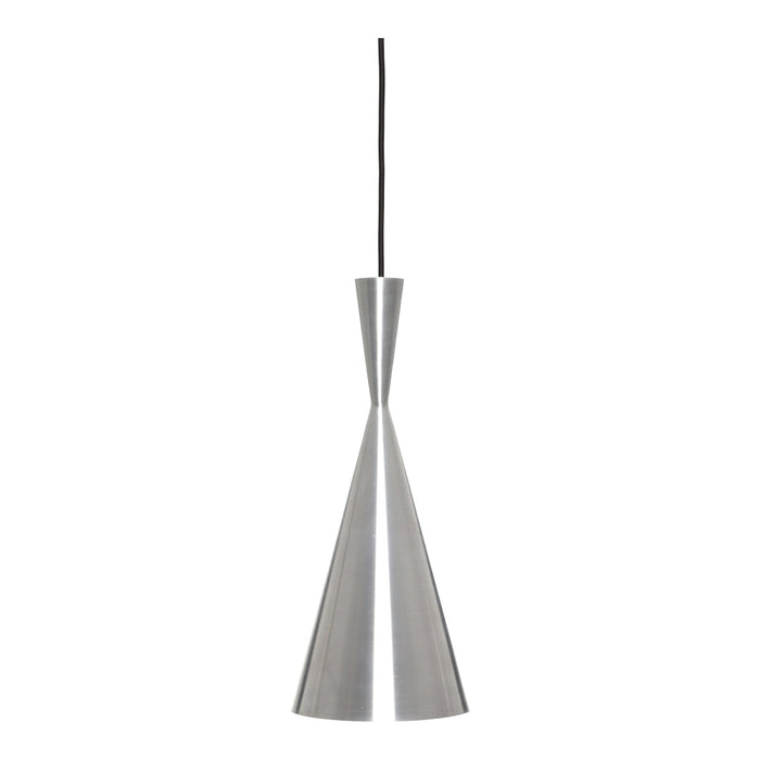 Sleek silver pendant light with a minimalist cone design and matte finish, hanging from a black cord.