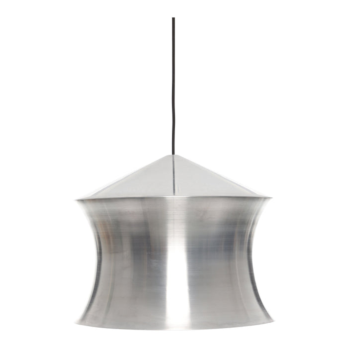 Sleek silver hanging lamp with a modern curved shape, showcasing a polished finish and geometric design.