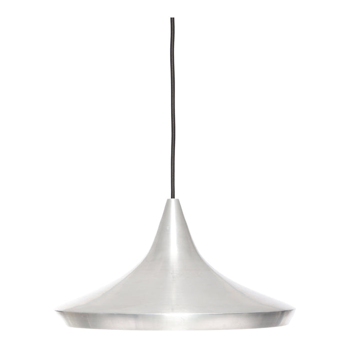 Stylish silver pendant lamp with a sleek cone shape and black cord, perfect for modern decor.