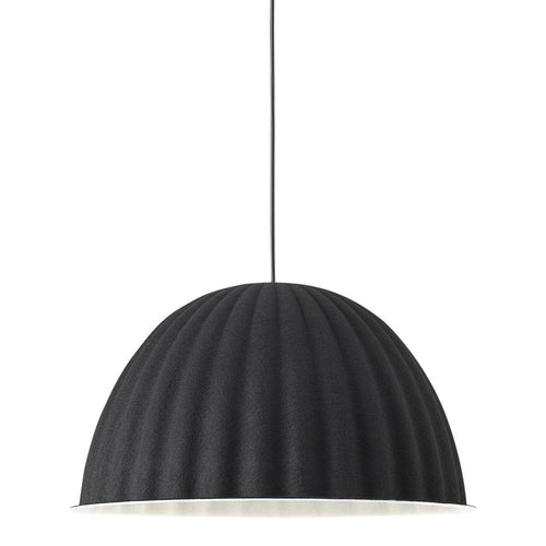 Black ribbed dome pendant lamp with a matte finish and contrasting white interior, perfect for modern interiors.