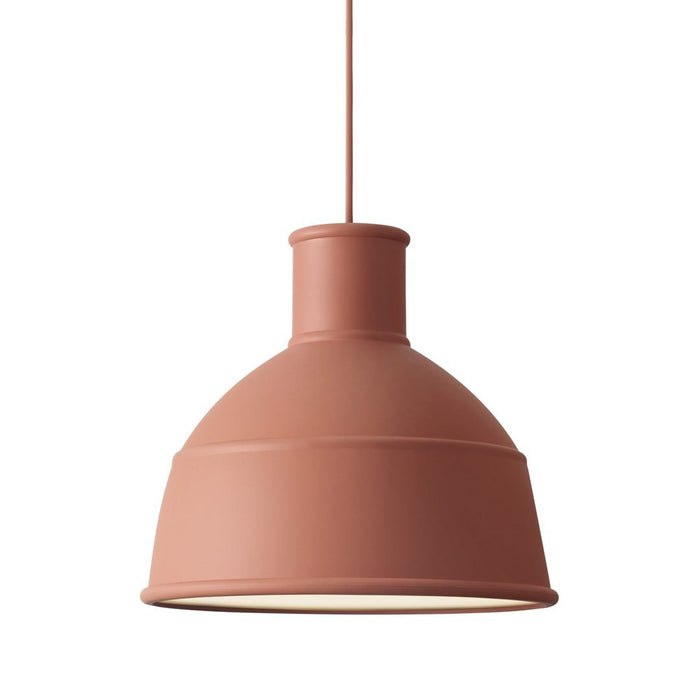 Rose-colored metal pendant lamp with a smooth, minimalistic design and soft matte finish. Perfect for modern decor.