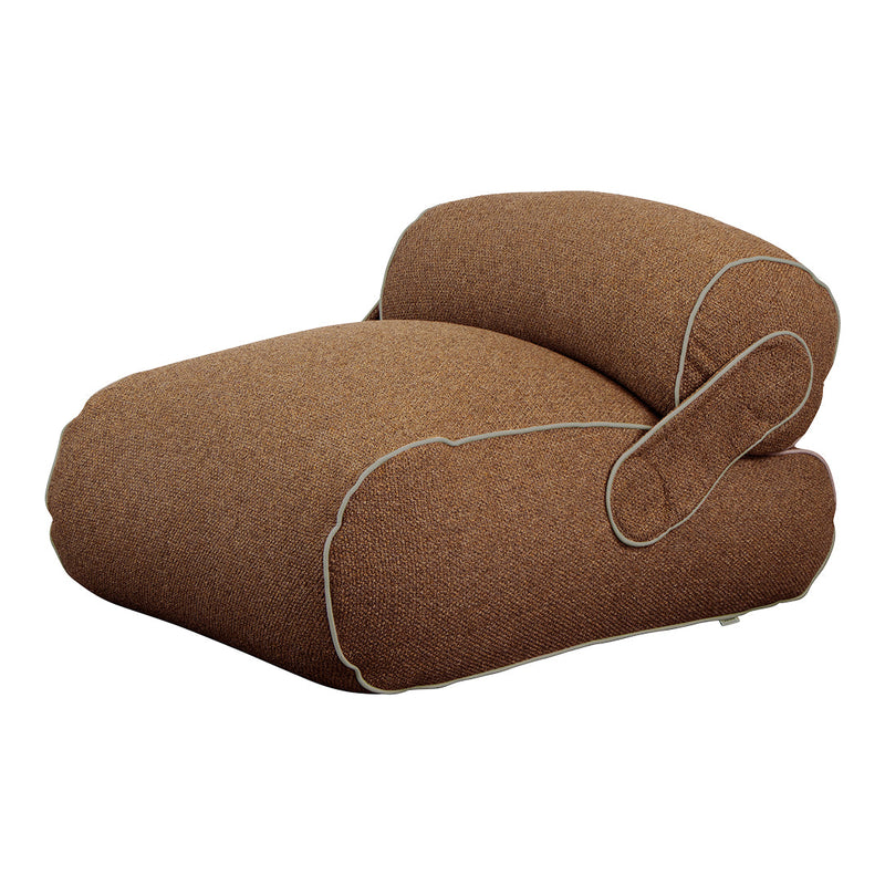 Brown textured fabric armchair with light contrasting piping, offering a cozy design and modern style.