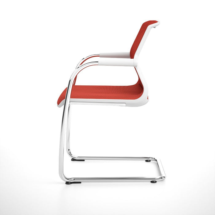 Red upholstered chair with a sleek white frame and modern design, showcasing vibrant color contrast and minimalist style.