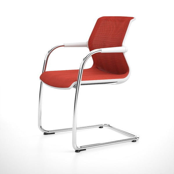 Red mesh seat with a sleek white frame and chrome base, perfect for modern office or home decor.